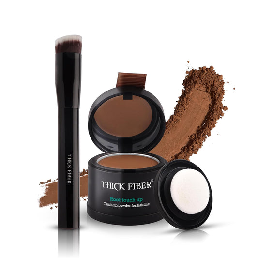 THICK FIBER Root Touch Up Set - Hairline Concealer for Thin and Thinning Hair, Water & Sweat Resistant, with Brush (Medium Golden Brown)
