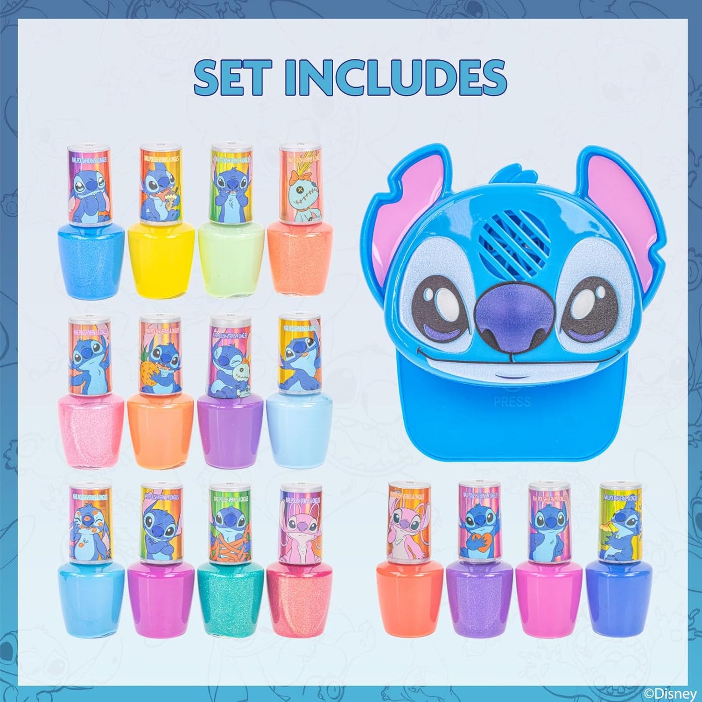 Townley Girl Disney Stitch 16 Piece Water-Based Nail Polish with Nail Dryer, Peel-Off Nail Polish with Water, Shimmer and Opaques Colors, AA Batteries Not Included, Ages 3