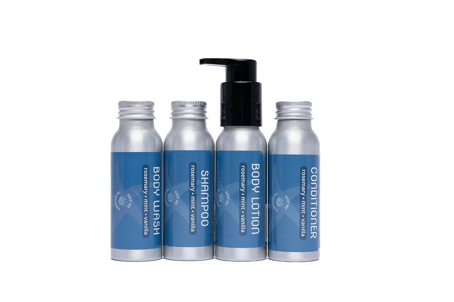Travel Size Shampoo, Conditioner, Body Wash and Body Lotion - Rosemary, Mint, Vanilla - Sulfate Free, Refillable Bottle, 2.5 oz