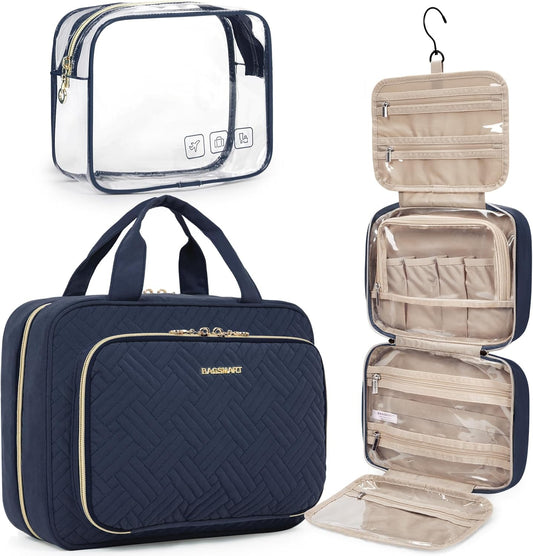 BAGSMART Toiletry Bag Hanging Travel Makeup Organizer with TSA Approved Transparent Cosmetic Bag Makeup Bag for Full Sized Toiletries, Large-Navy