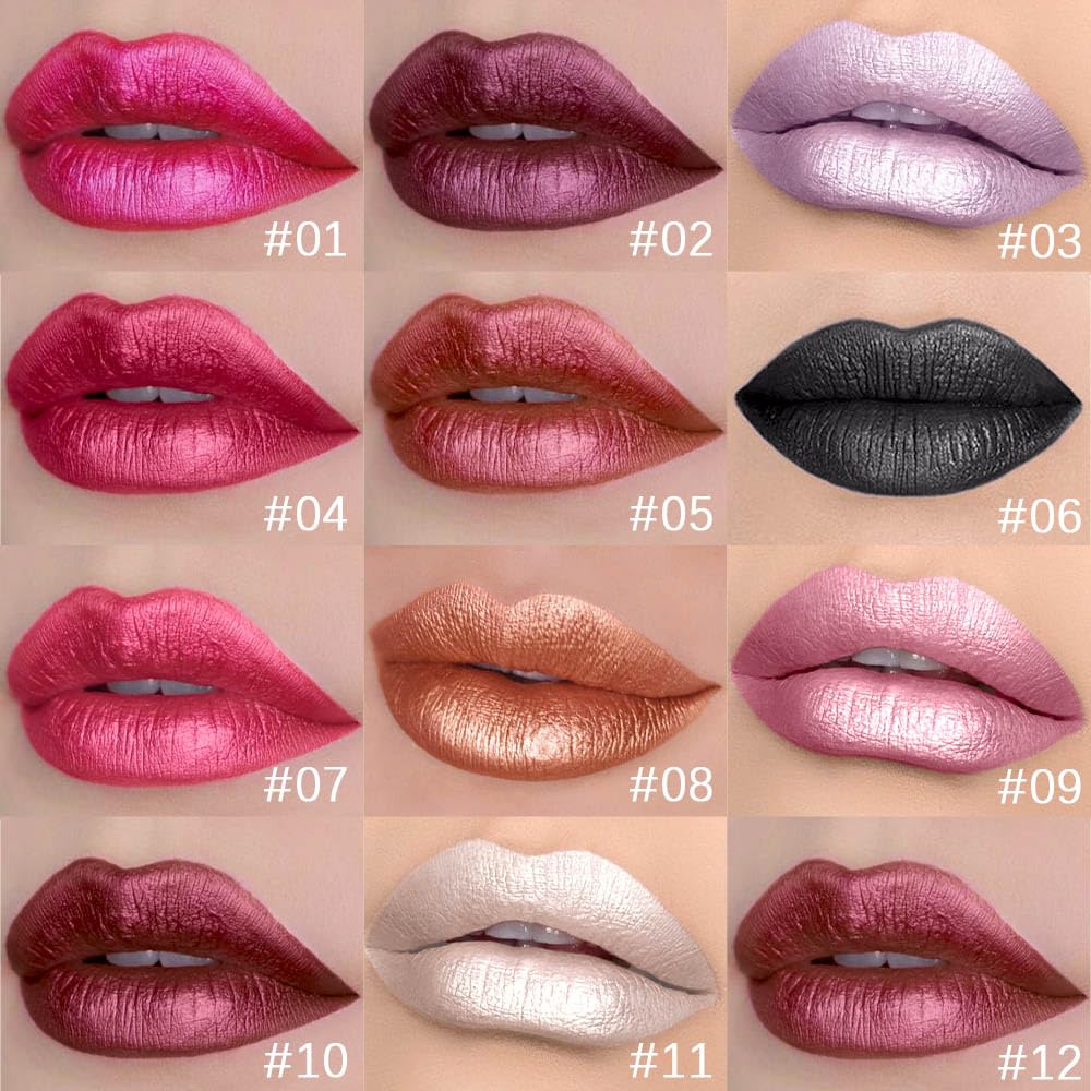 evpct 1Pcs Black Metallic Shimmer Glitter Lip Gloss Liquid Lipstick Long Lasting Waterproof 24, Glitter Pearlescent Metallic Sparkly Liquid Lipsticks Lip Stains Makeup Set for Women 06
