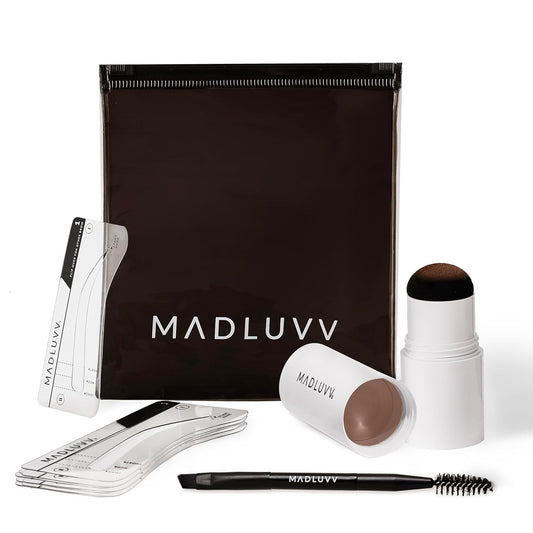 MADLUVV Brow Stamp Kit with Brow Stencils – Easy Eyebrow Shaper for Natural-Looking Brows – Popular Eyebrow Stencil Kit Used by Professionals – 9 Shapes, Spoolie, Travel Bag & Stamp (Auburn)