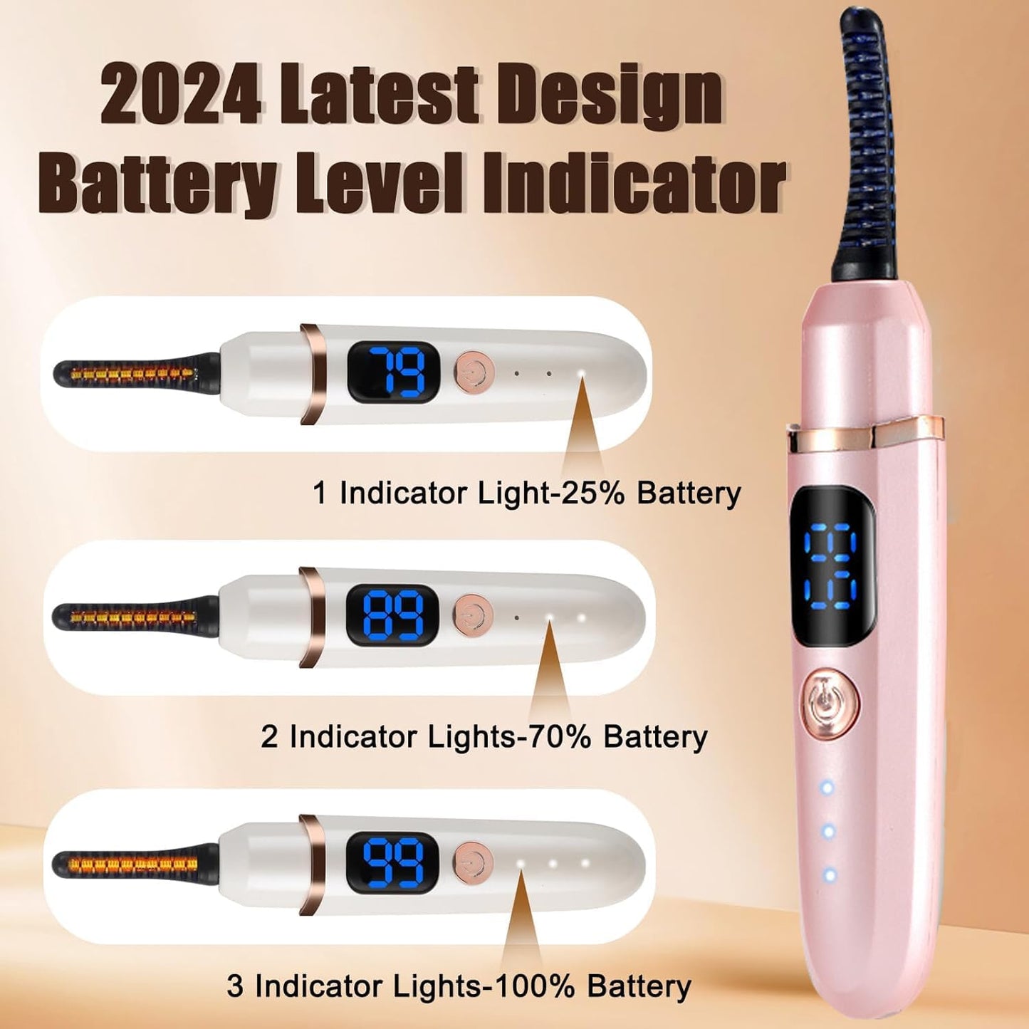 Heated Eyelash Curlers with Battery Indicator, Electric Eyelash Curler 3 Temperature Modes LED Display USB Rechargeable Makeup Tools, Heated Lash Curler Ideal Christmas Gift for Women (Pink)