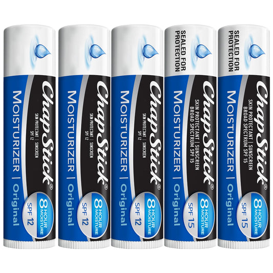 ChapStick Moisturizer 2-in-1 Lipcare 5-Pack (SPF 12 & 15) – Original Lip Balm with Broad Spectrum SPF, Aloe & Vitamin E, 0.15 Oz Ea