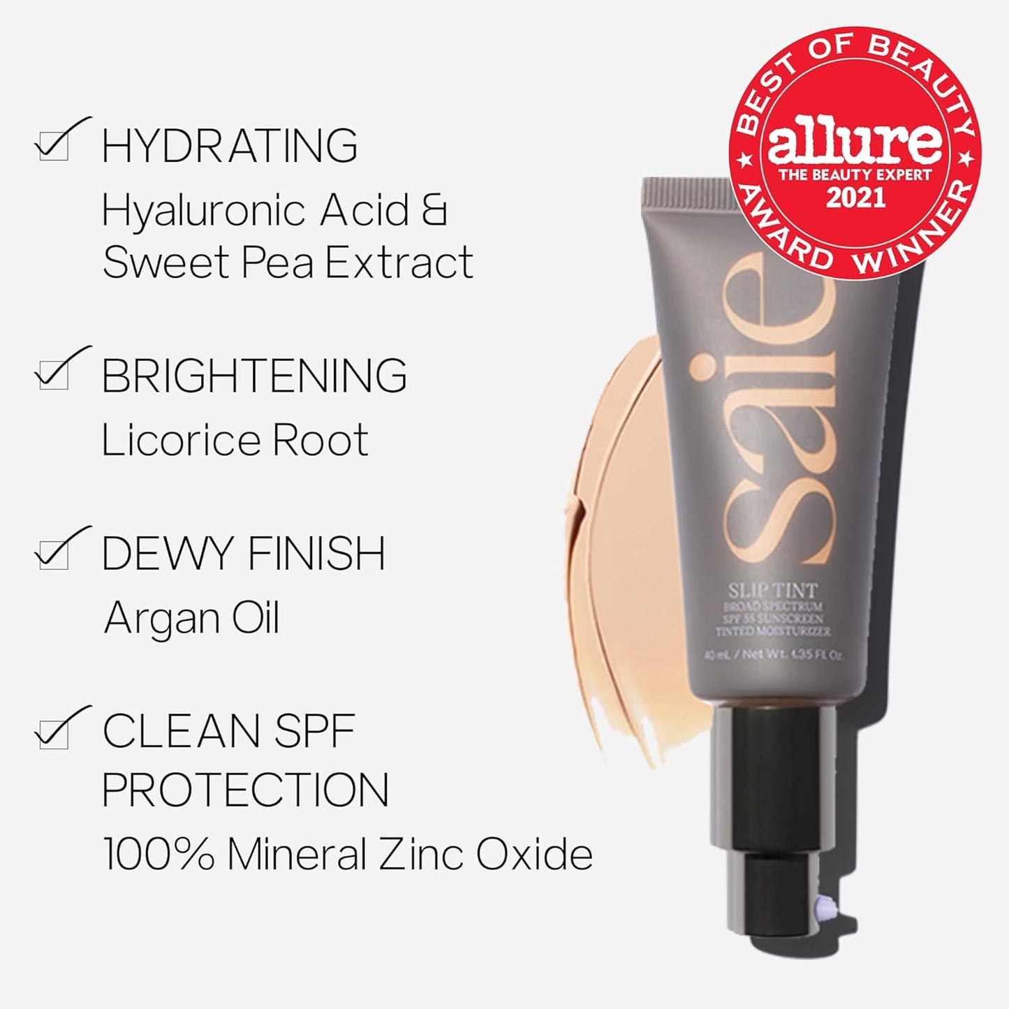 Saie Slip Tint SPF 35 Tinted Moisturizer - Light Coverage Moisturizer + Broad Spectrum Zinc Oxide Sunscreen with Hydrating Hyaluronic Acid - Shade One (1.35 oz)