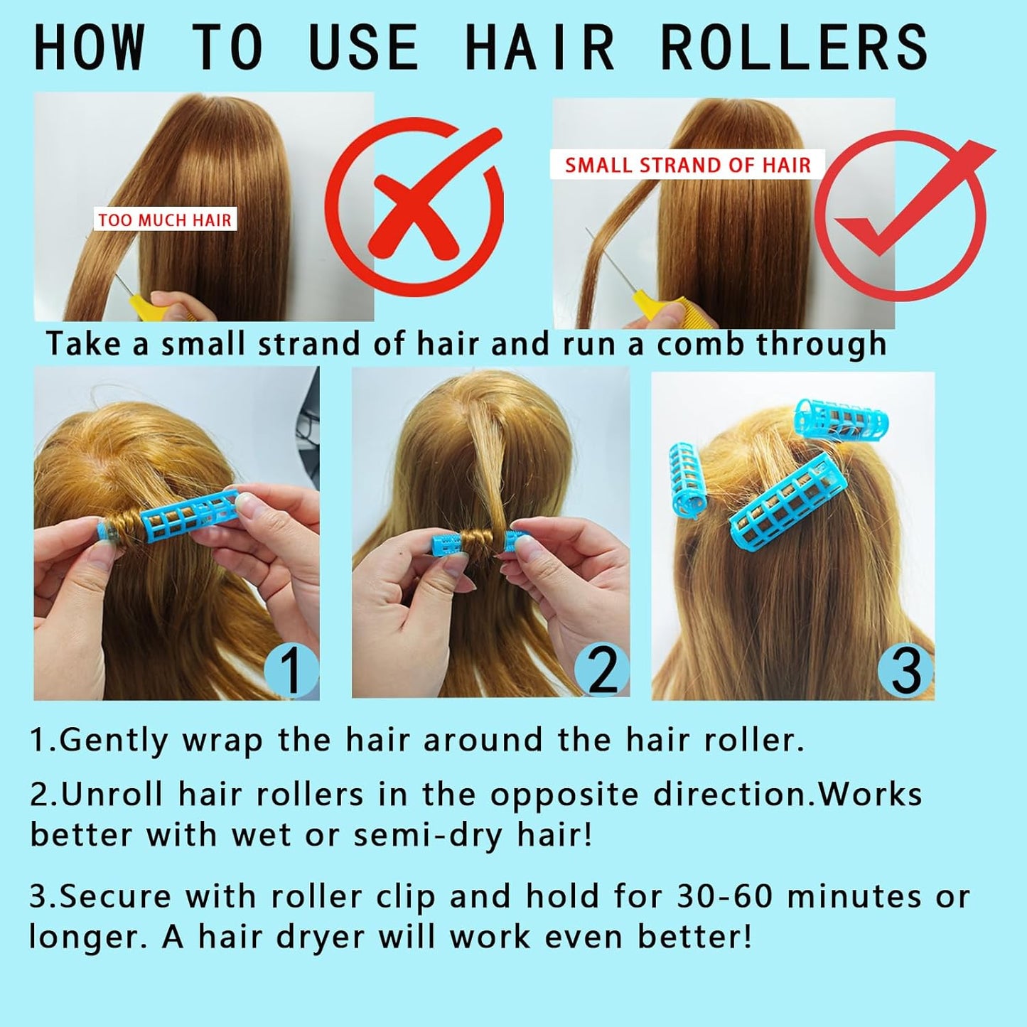 28PCS Self Grip Small Hair Rollers Set, 0.6in Plastic No Heat Roller Hair Curlers with Comb Heatless Clips for Short Fine Thin Hair(Yellow)