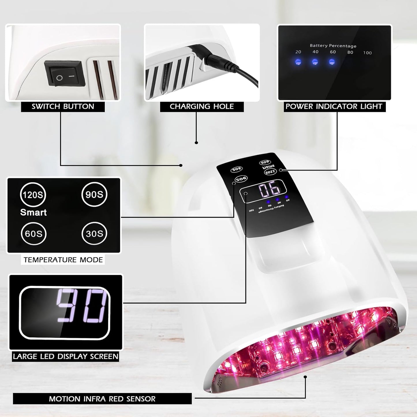 90W Professional Wireless Cordless Rechargeable UV LED Nail Lamp,Nail Lamp Gel Nail Curing Dryer Light for Nails with 45 Beads,4 Timer Setting LCD Display Nail Polish Machine (White)