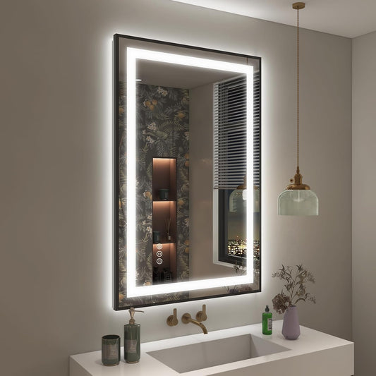 OKPAL 24x36 Black LED Mirror for Bathroom, Lighted Bathroom Mirror with Lights, Frontlit & Backlit Lighted Vanity Mirror, Anti-Fog, Dimmable, Memory, Shatterproof, Horizontal/Vertical