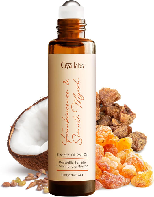 Gya Labs Frankincense and Somali Myrrh Essential Oil Roll on - 100% Pure Natural Frankincense for Face, Myrrh for Skin, Body Ache Comfort, Aromatherapy, Travel Size (0.34 Fl Oz)