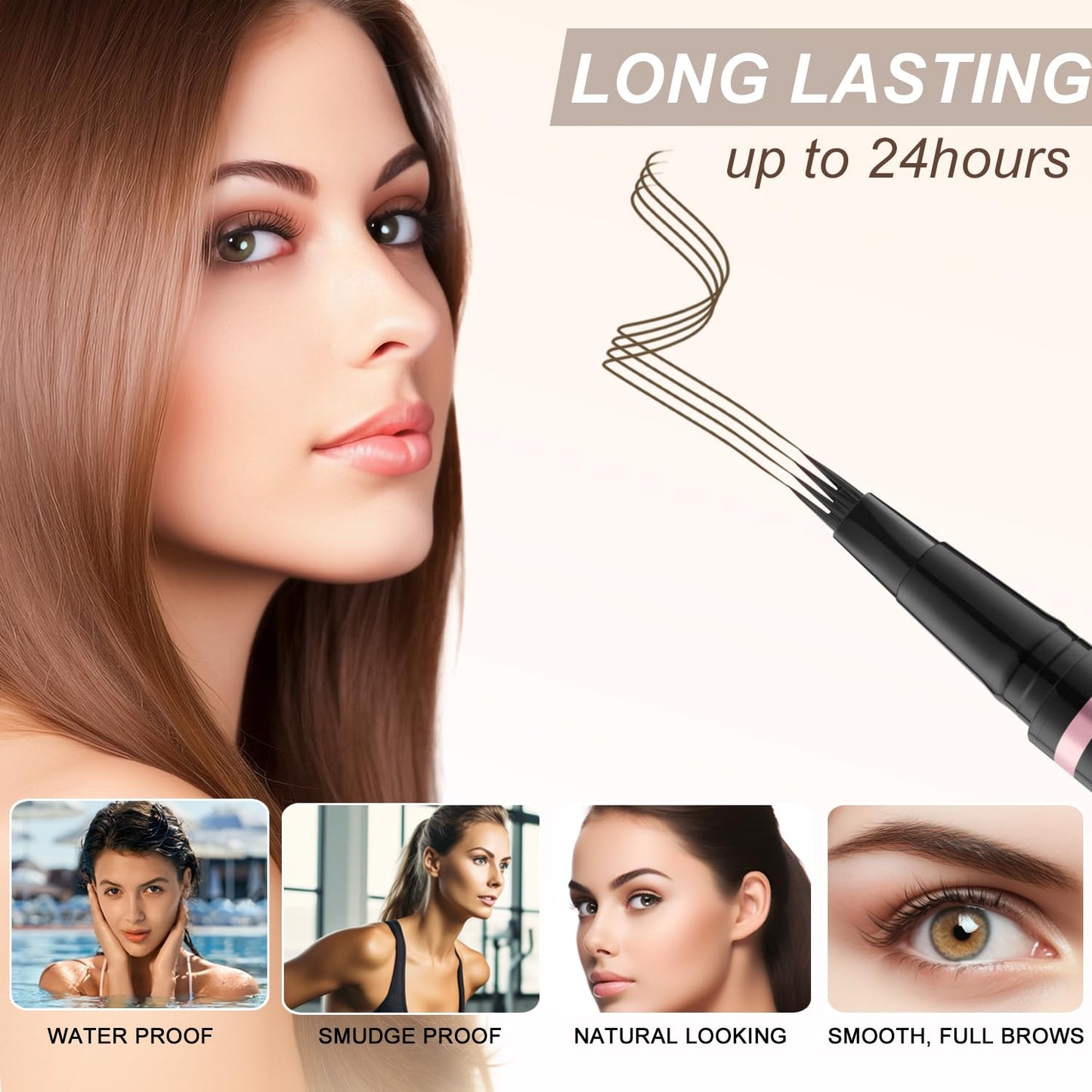 Eyebrow Pencil,2-in-1 Waterproof Eyebrow Pen with 4 Tip Brow Pen and Ultra-Precise Brow Pencil,with Dual-ended Eyebrow Brush,Eyebrow Makeup for Natural Looking Eyebrows - Ash Brown