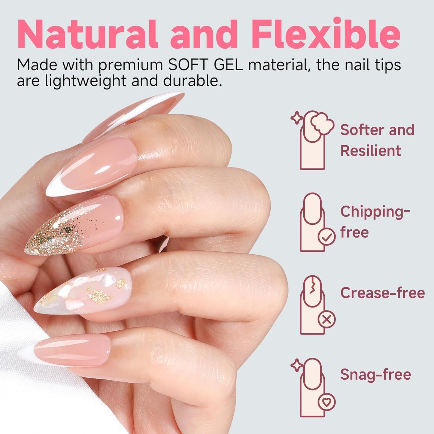 UNA GELLA Stiletto Gel Nails Press On Halloween 504Pcs Medium Almond Stiletto Clear Gel Nail Tips Full Cover Pre-matte Fake False Acrylic Nails for Nail Extensions Home Art Salon 12 Sizes