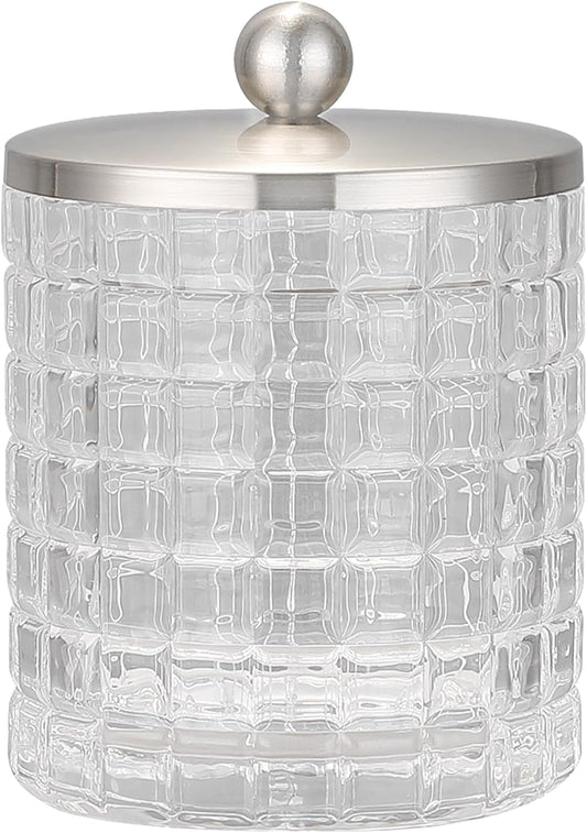 Glass Jar with Metal Lid for Bathroom Organization, Clear Apothecary Jar for Cotton Balls, Q Tips, and Small Accessories, Stylish Bathroom Storage Container Clear, Nickel