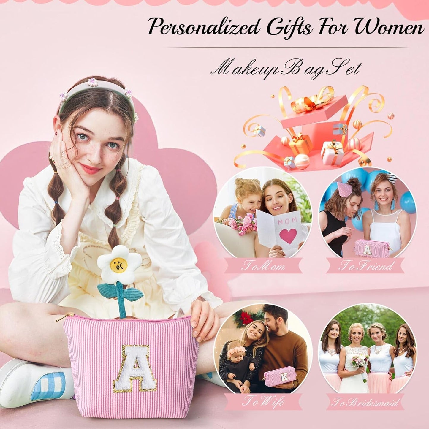 YOOLIFE Personalized Makeup Bag for Women - Monogram Cosmetic Bag Travel Toiletry Bag Brush Holder Birthday Gifts for Women Her Wedding Bridesmaid Friend Sister Teacher Wife Grandma Pink Initial E
