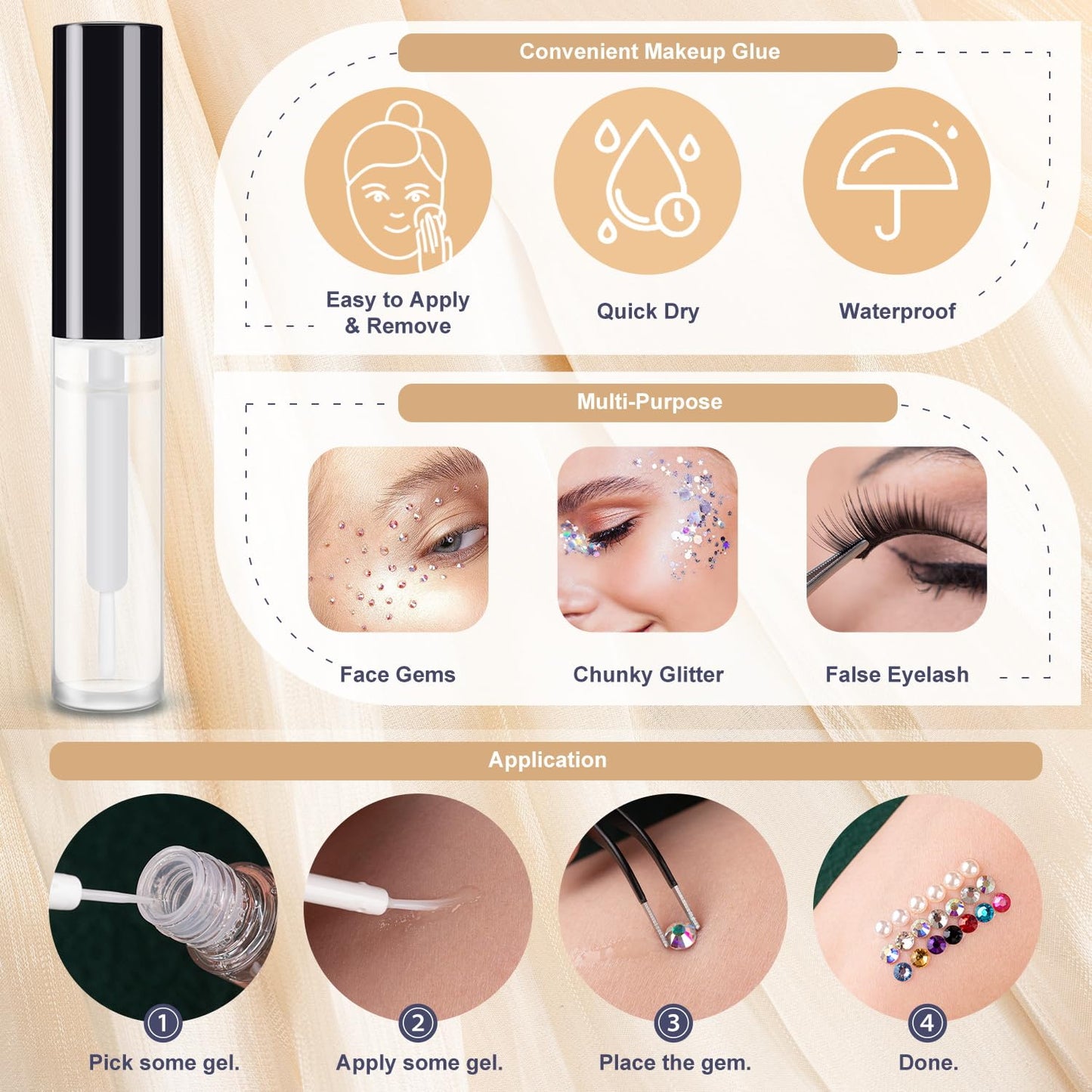 Colorful Face Gems for Makeup Set, Flatback Gorgeous AB+Clear+Mixed-Colored Glass Gems with Picker Pencil, Makeup Glue, Dual-End Dotting Tool and Tweezer for Eye Body Hair Make-up and Nail Art Deco