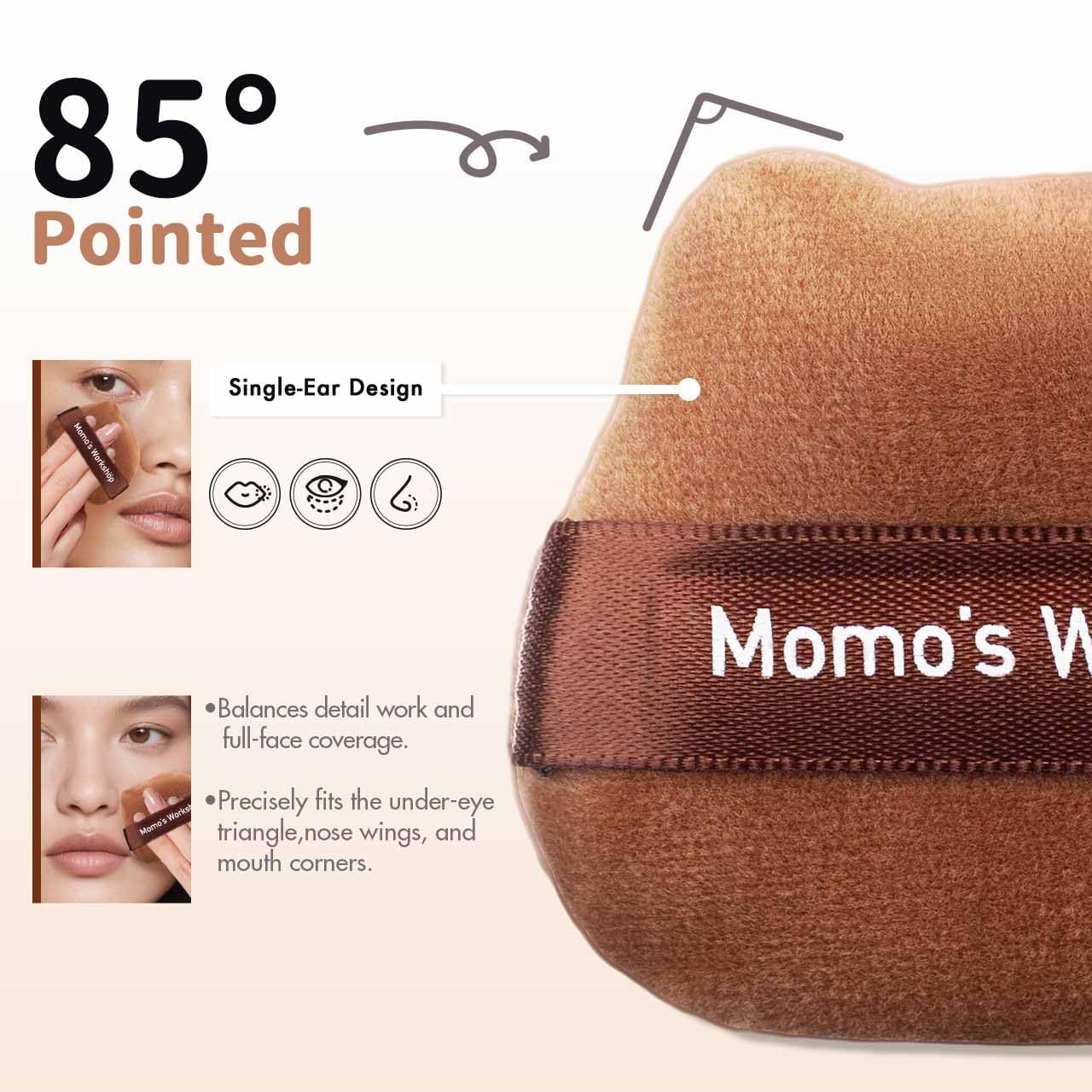 Single-Ear Short Plush Puff,Brown Velvet Powder Puff, 85° Pointed Tip for Highlighting & Full-Face Setting,3pcs Plush Puffs & Storage Case