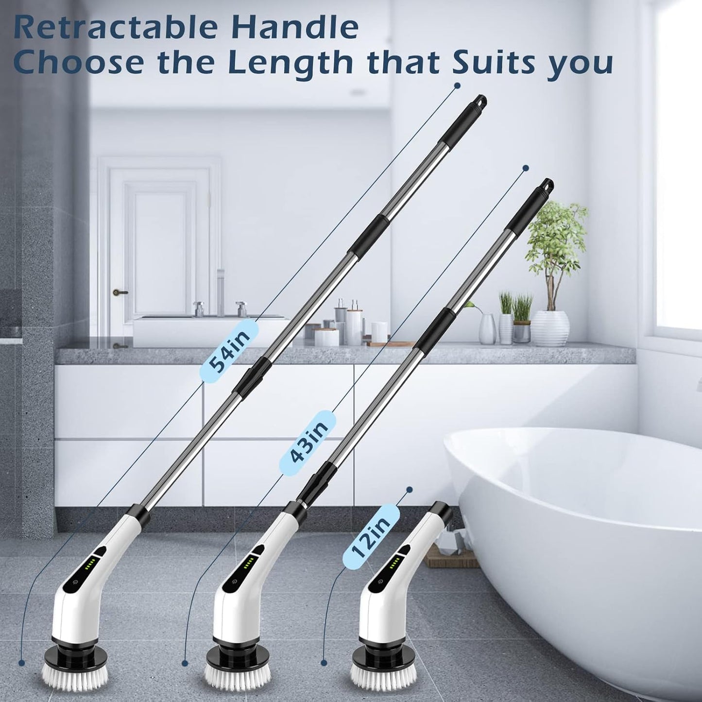 Electric Spin Scrubber, Cordless Cleaning Brush Scrubber for Home, 8 Replaceable Brush Heads-90Mins Work Time, 3 Adjustable Size, 2 Speeds for Bathroom Shower Bathtub Glass Car