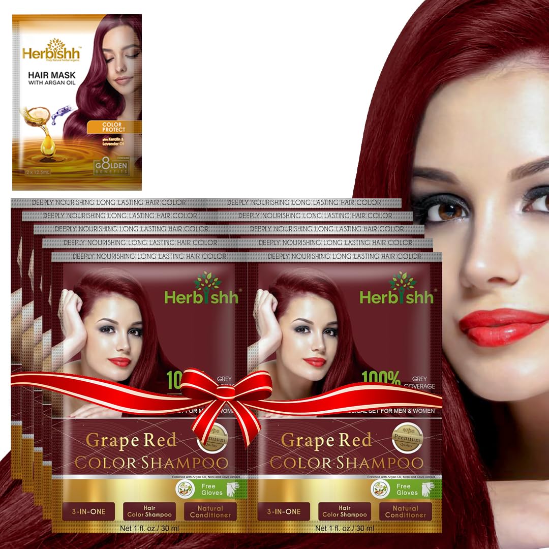 Herbishh Argan Hair Mask Shampoo - Natural Hair Dye for Gray Hair - Long-Lasting Color in Minutes - Travel Size - Ammonia-Free - 10+1 Pack (Grape Red)