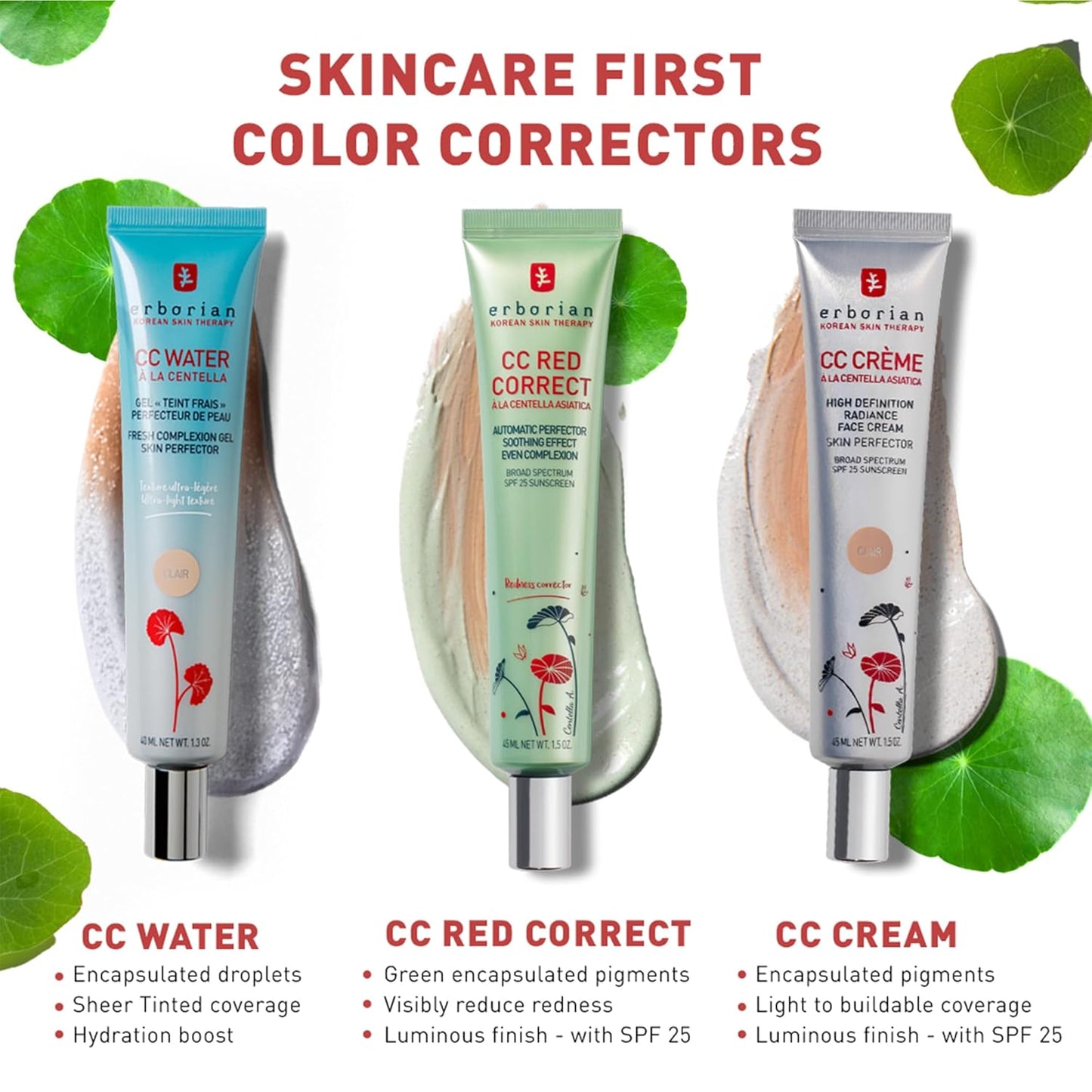 Erborian CC Water with Hyaluronic Acid, Clair - Ultra-Light Aqua Gel Color Corrector with Centella Asiatica & Hyaluronic Acid - Plump, Softer & Hydrated Skin - Korean Skincare Skin Perfector- 0.5 Oz