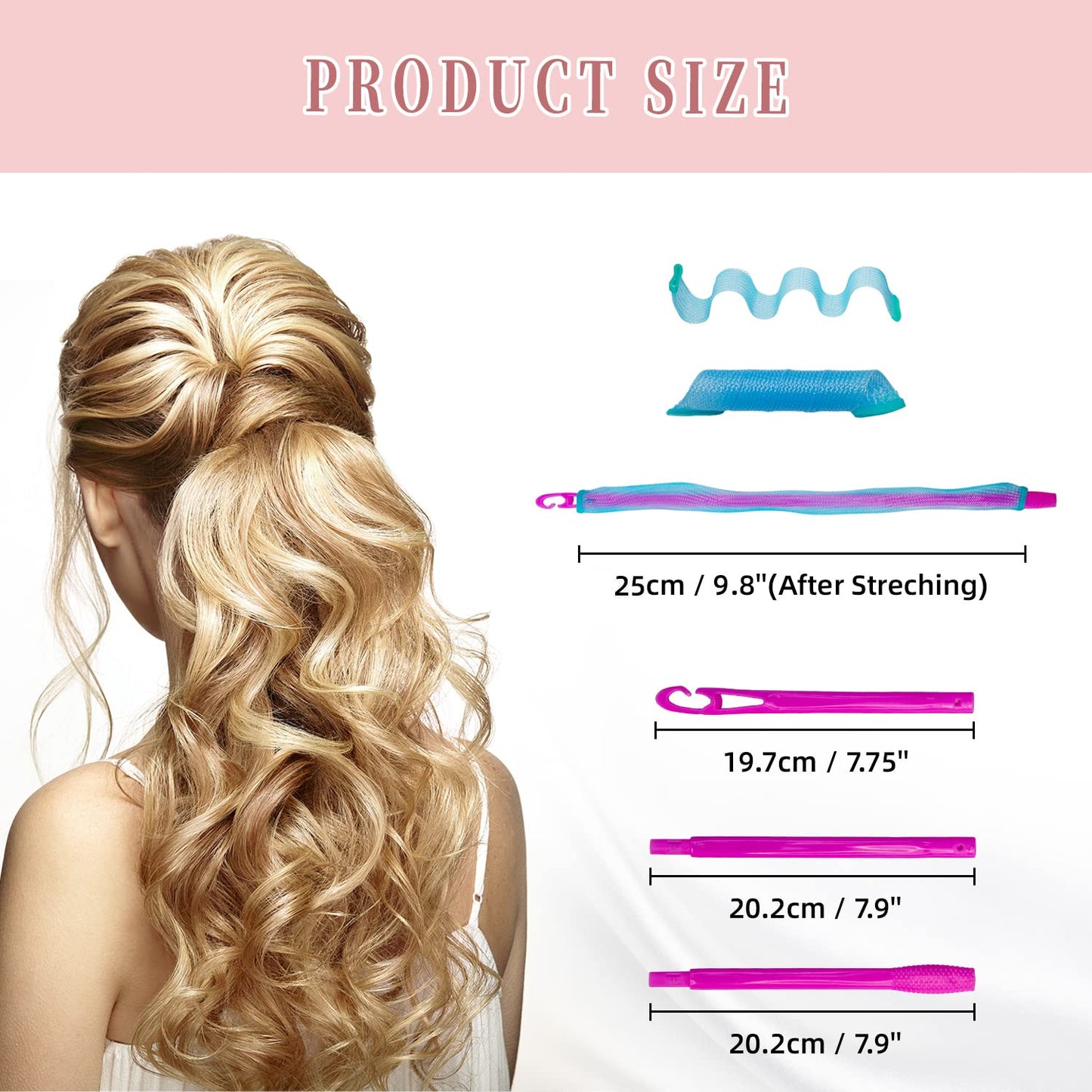 30pcs Heatless Hair Curlers Rollers Spiral Curls Styling Kit with 2 Sets Styling Hooks,No Heat Curlers for Women Girl's (9.8 Inch/25 cm)
