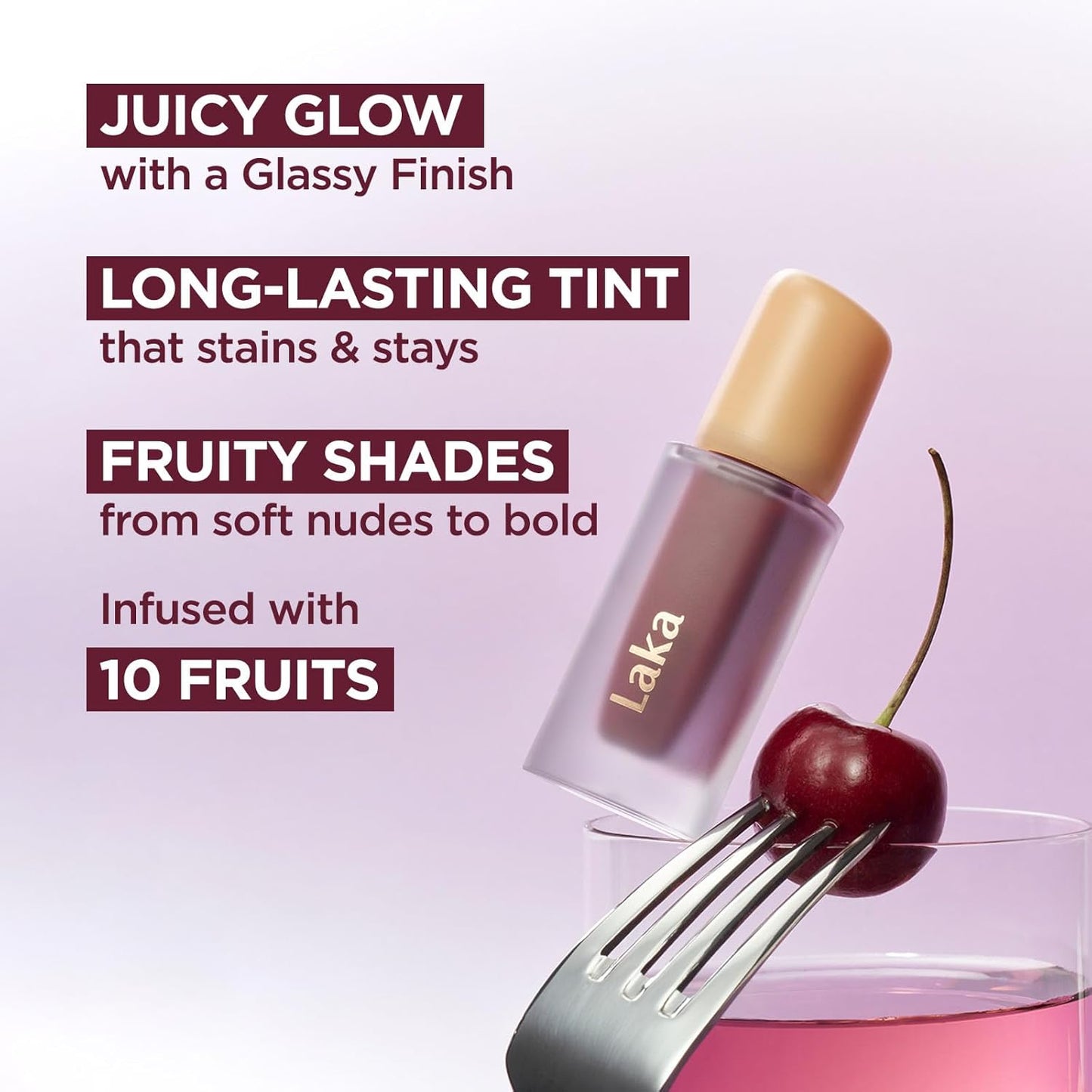 Laka Fruity Glam Tint, 4.5g/0.15 oz., Glowing Lip Stain with Wide Color Spectrum, Hydrating & Lightweight Texture, Long-Lasting Bold Stain, Non-Sticky, Vegan, K-Beauty (#103 Cherry)