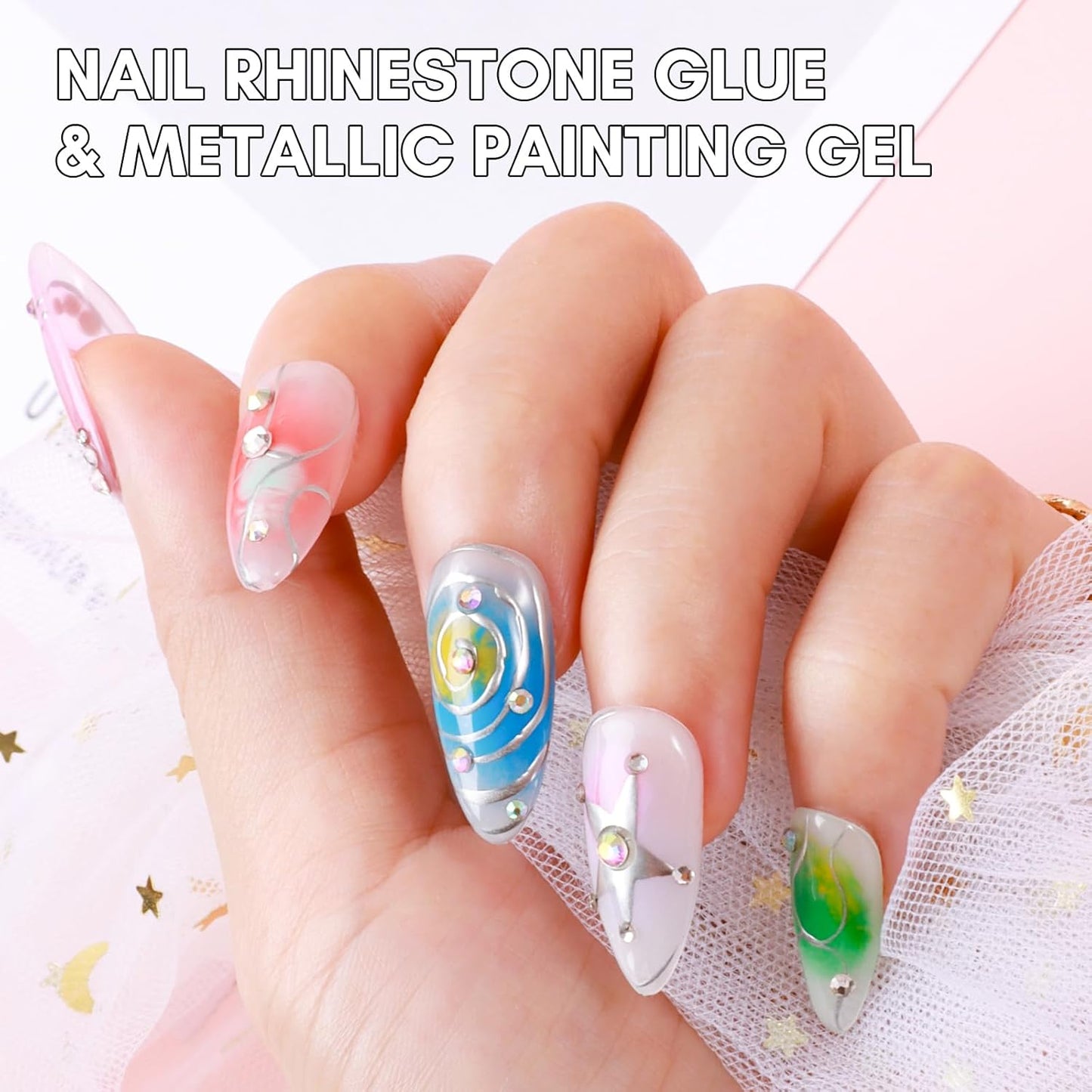Makartt Nail Rhinestone Glue with Chrome Gel Kit, Super Strong Glue with Silver Metallic Painting Gel Polish Set for 3D Nails Art Decoration Manicure(30ML+8ML)