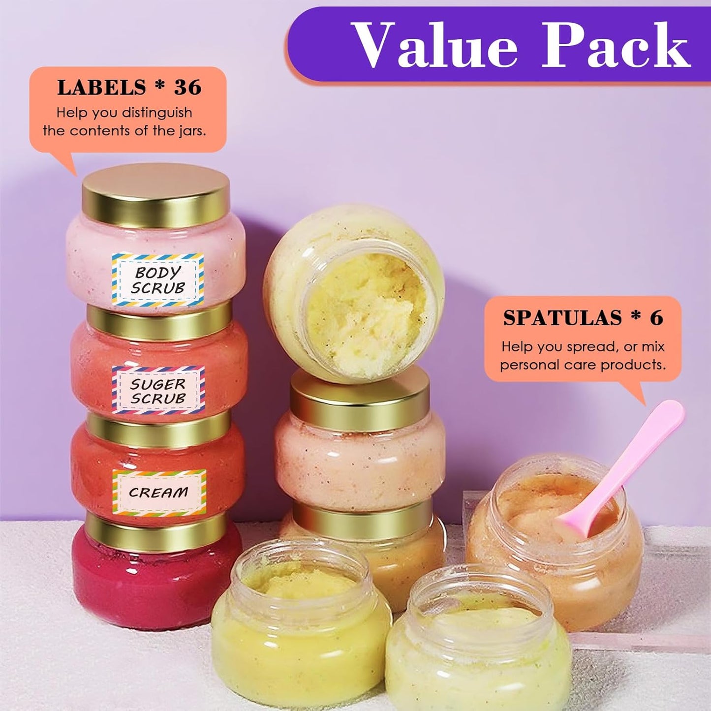 36 Pack 8 oz Plastic Cosmetic Containers With Lids Refillable Clear Empty Travle Jars Containers for Body Butter,Sugar Scrubs,Cream,Lotions,Candy, Waterproof Label&Spatulas - (Black Lid)