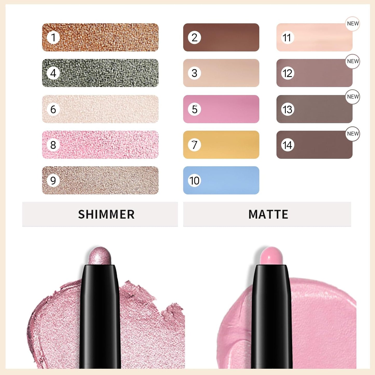 Erinde Waterproof Eyeshadow Stick, Cream Eye Shadow Stick, Long-Lasting, Crease-Proof, Cream to Powder Buildable & Blendable Eye Shadow Pencils Crayon, Vegan & Cruelty-Free, 14 Stone