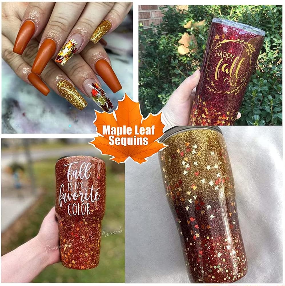 3D Fall Maple Leaf Nail Art Decals Charms for Nails, 3D Holographic Glitters Meteillc Red Yellow Nail Art Sequins Flakes for Women DIY Manicures Salon Accessories 2 Bag
