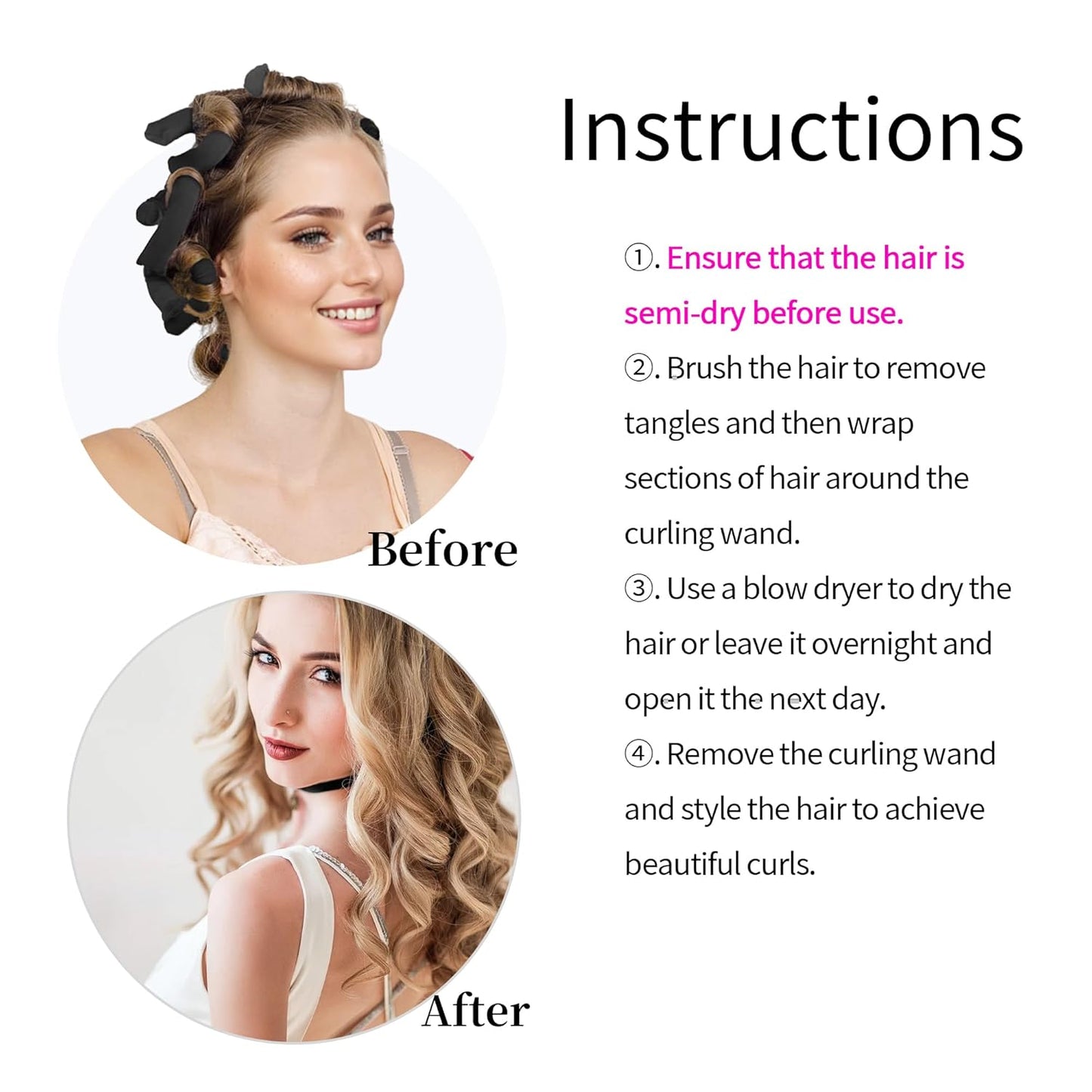 Black Satin Covered Heatless Overnight Curling Rods for Curls and Straight Short Hair - 6Pcs