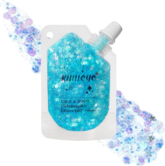 Holographic Face Glitter Gel Body Shimmer Makeup for for Hair, Face, Clavicle, Arm, Nail, Eyeshadow, Long Lasting Waterproof Mermaid Sequins Party Glitter for Rave Festival, 1.35oz (Ice Blue #4)