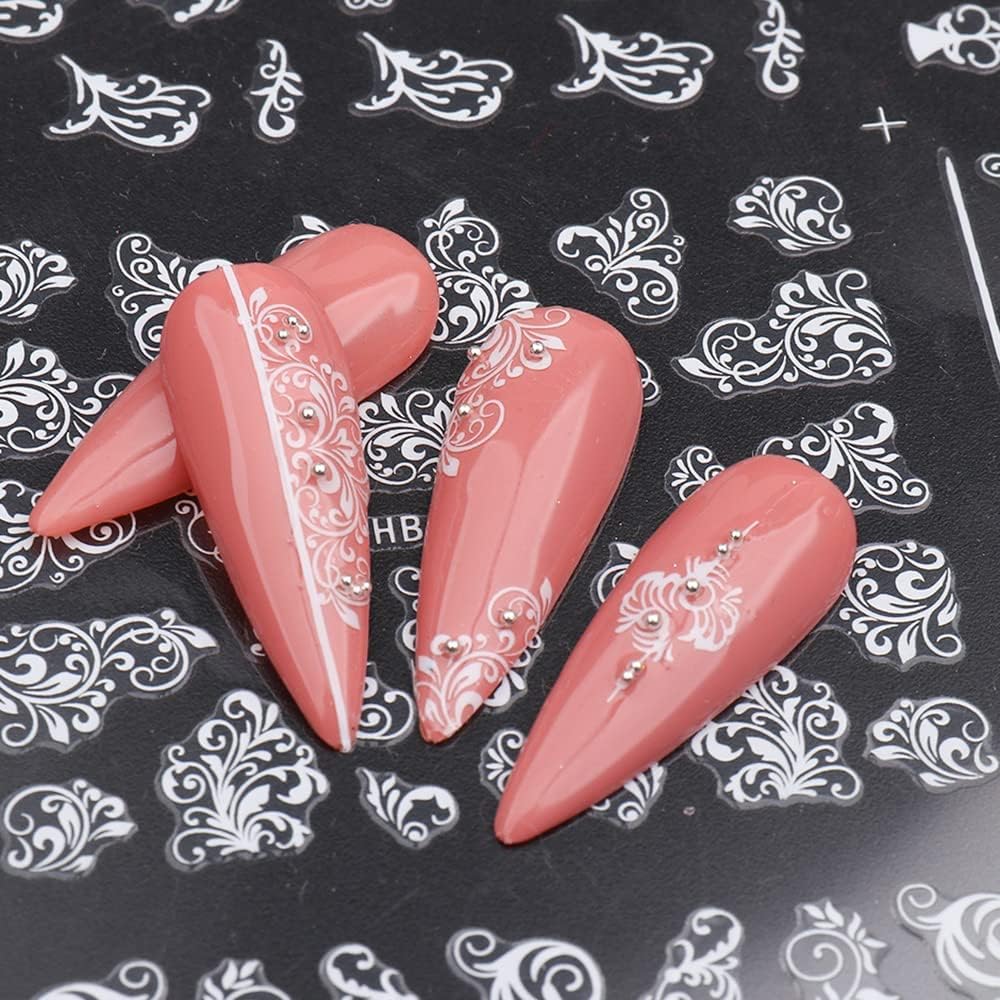 Flowers Nail Art Stickers Decal ,White Flowers Nail Stickers Nail Art Supplies 3D Retro Lace Flower Leaf Vine Geometric Self Adhesive Floral Nail Decals Wedding Nail Designs for Women Manicure Decorations(361-372 White)