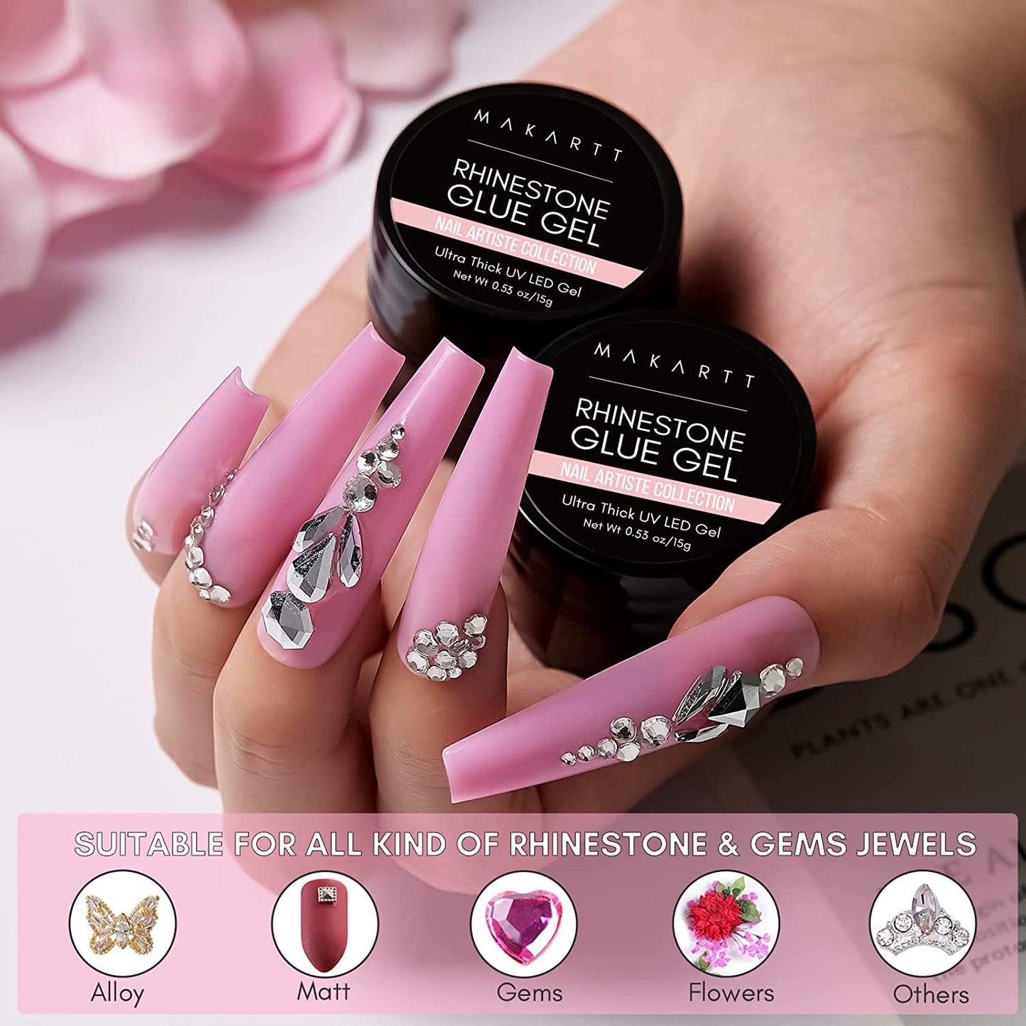 Makartt Nail Rhinestone Glue Gel with Brush Pen Set, 15ml Clear Nail Gem Glue Wipe-Off Super Strong Adhesive Nail Art Glue Gel for Nail Decorations 3D Stones Charms Flowers, Nail Lamp Needed
