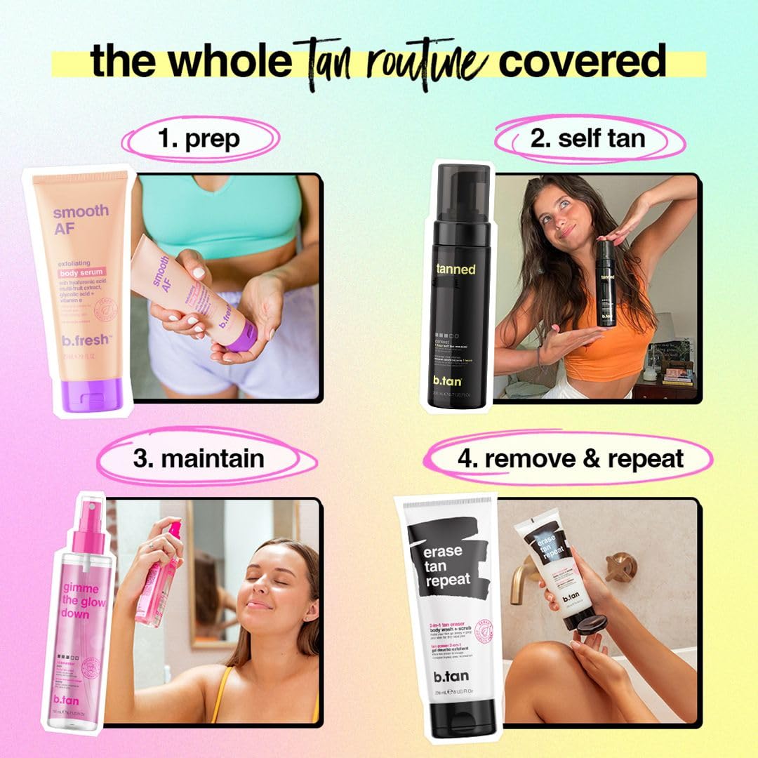b.tan Dark Self Tanner Kit | Get Tanned Bundle - Self Tanner Mousse w/Tanning Mitt Applicator, 1 Hour Sunless Tanner, Fast Glow, No Fake Tan Smell, Vegan, Cruelty Free, 6.7 Fl Oz
