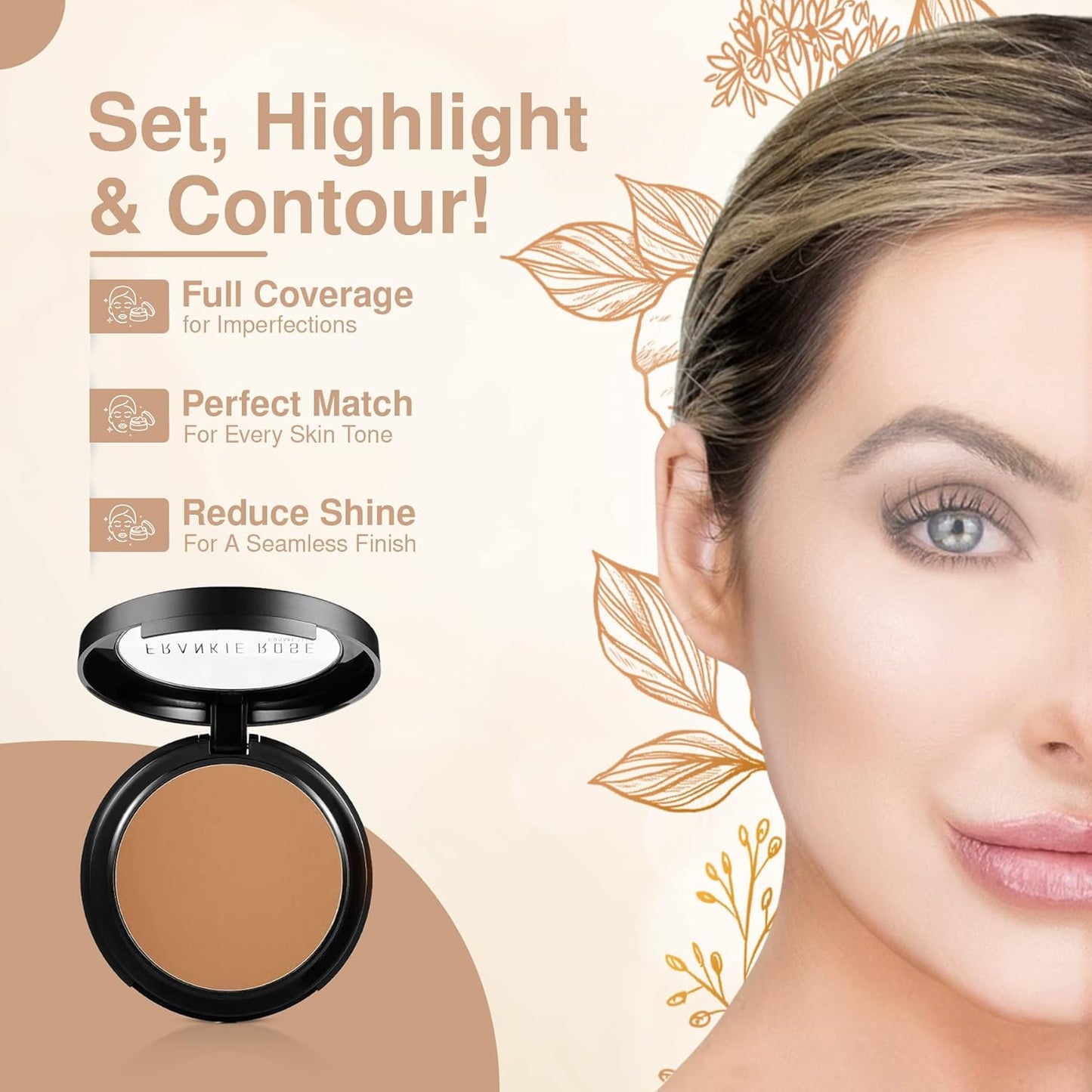 Frankie Rose Cosmetics Powder Foundation – Full Coverage Face Powder For Pores & Imperfections, Evens Out Skin Tone & Shine-Control | 58 Grams (Tan)