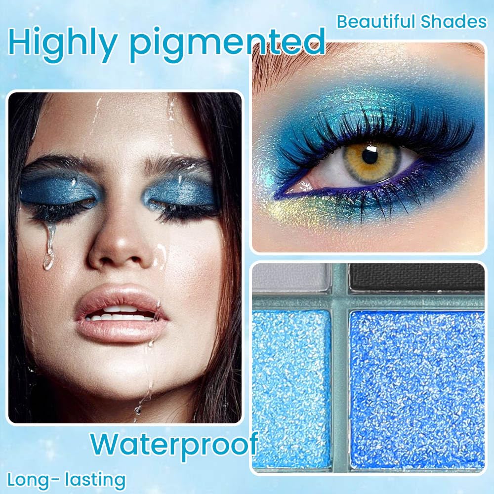 Light Blue Eyeshadow Palette, Matte & Shimmer Glitter Blue Shadow for Eye Makeup, High Pigmented White Gray Black Green Powder Palet de sombras de ojos, Cruelty Free