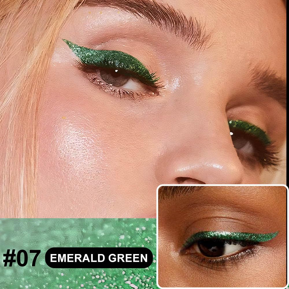 evpct 2Pcs Emerald Dark Green Glitter Shimmer Liquid Eyeliner Eye Shadow Makeup Pencil, Green Face Body Glitter Fake Eyelashes Lashes Mascara Accessories, Sparkle Metallic Colored Eyeliner Waterproof