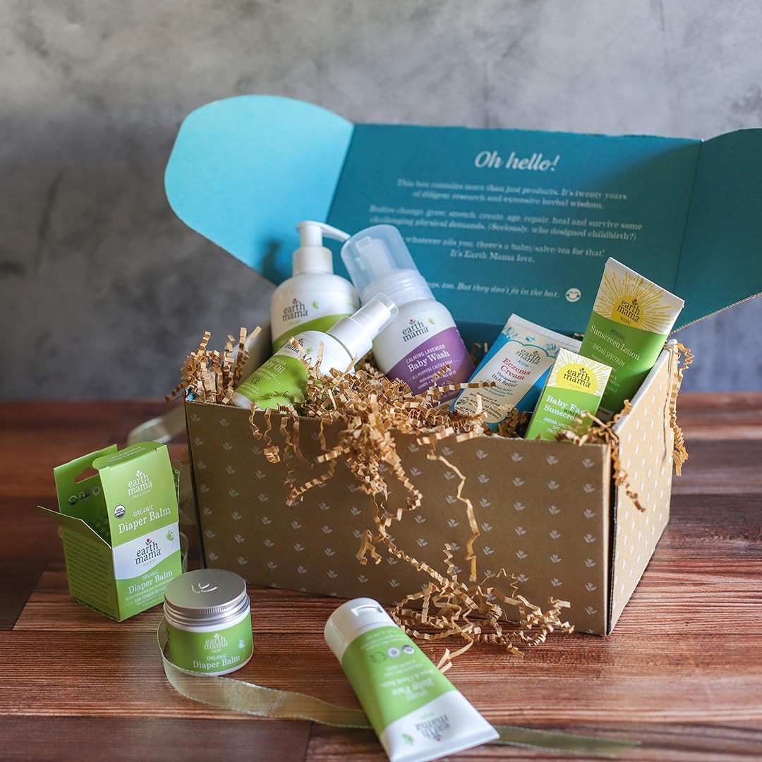 Earth Mama Baby Love Gift Set|Organic Baby Essentials Skin Care, Baby Lotion & Wash, Baby Oil, Eczema Cream, Nose & Cheek Balm, SPF 40 Baby Sunscreen Lotion & Face Stick and Diaper Balm, 8-Piece Set