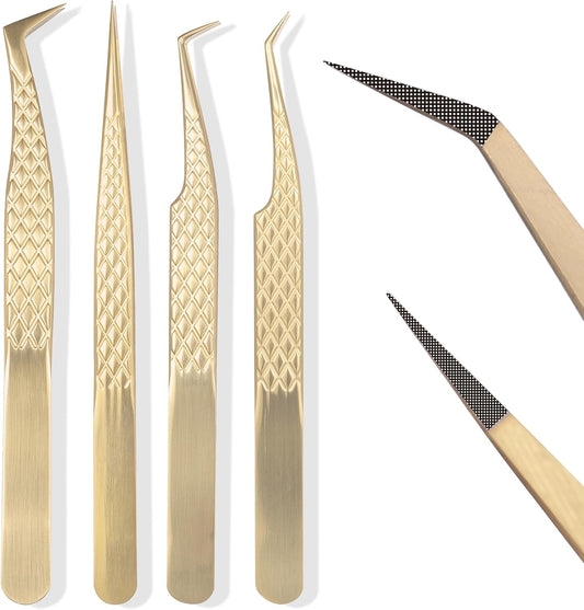 Fiber Tip Lash Tweezers For Eyelash Extension 4 Pcs Tweezers Professional Artist Tech Work Kit Tools,Best Volume Eyelash Lashes Extensions Precision Supplies Volume Boot 90 45 Degree(Gold)