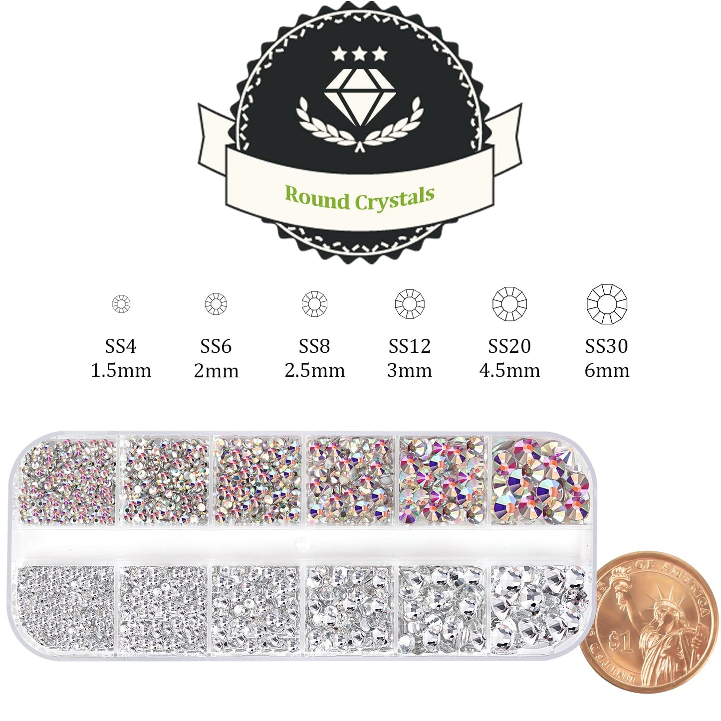 One Pack 2000 Pcs of Flatback Round AB Crystal+Transparent White Clear Rhinestones 6 Sizes (1.5-6 mm) with Nail Art Rhinestone Picker Pencil and Tweezers for DIY and Salon Use