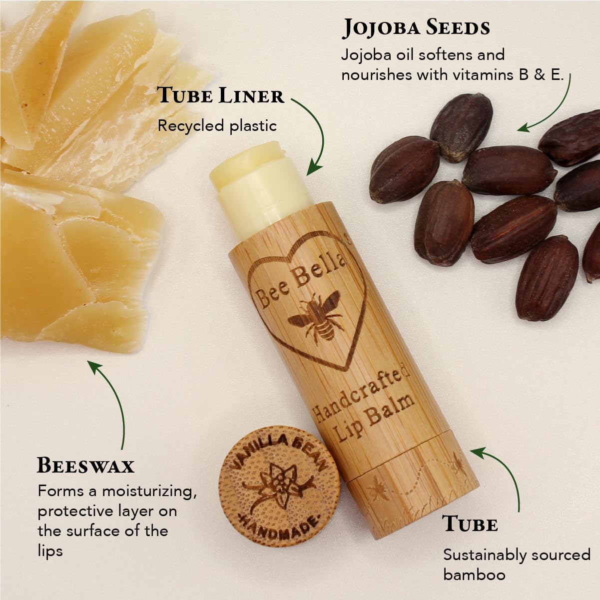 Bee Bella Lip Balm, Vanilla Bean, 3 Pack, Moisturizing Lip Care, 100% Natural, Original Organic Beeswax with Vitamin E, Handmade in USA