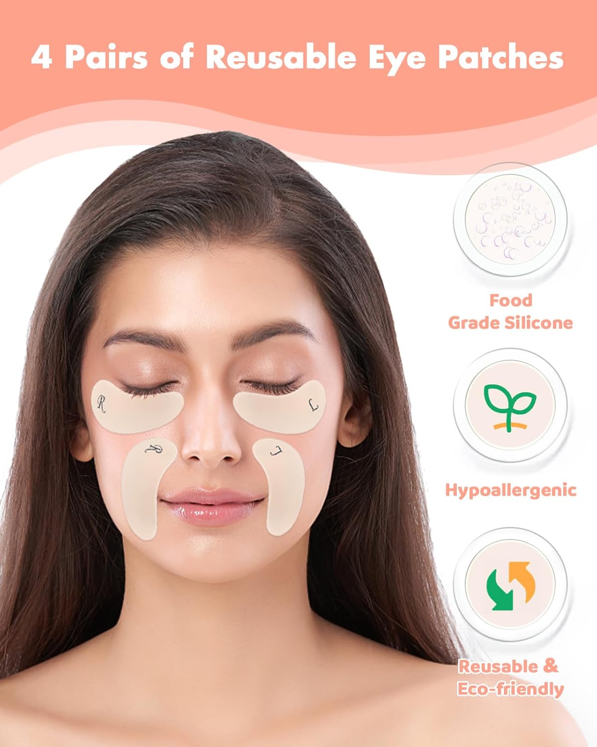 Under Eye Patches Silicone - 4 Pairs Reusable Eye Patches, Eye Wrinkle Patches, Reusable Under Eye Mask, Plump Fine Lines & Wrinkles, with Metal Eye Cream Applicator, Tin Case, Cream