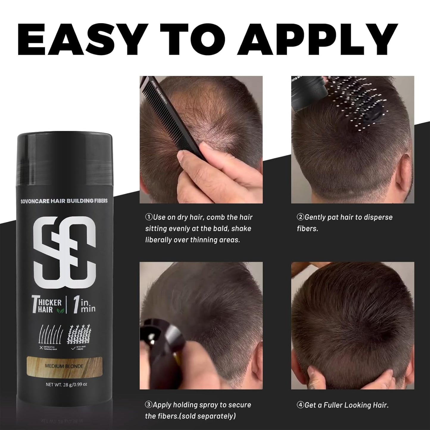 SOVONCARE Hair Fibers for Thinning Hair Medium Blonde, Hair Building Fibers for Bald Spots Undetectable & Natural Conceals Hair Loss Fill In Fine Hair Powder Hair Thicker Instantly for Women & Men 28g