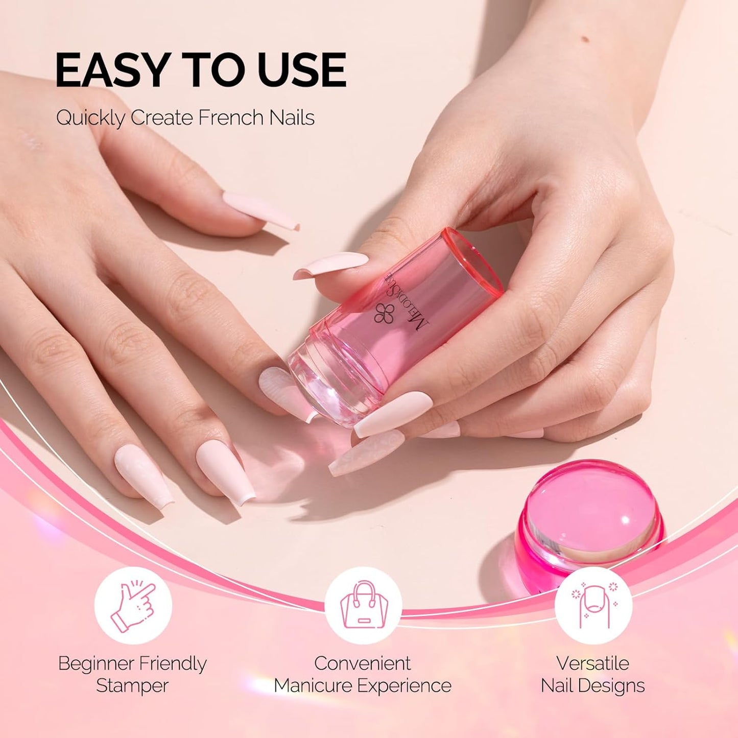 MelodySusie French Nail Stamper Kit, Silicone Stampers with Scrapers, 4PCS Tool for French Manicure DIY Home Nail Design Salon, Pink