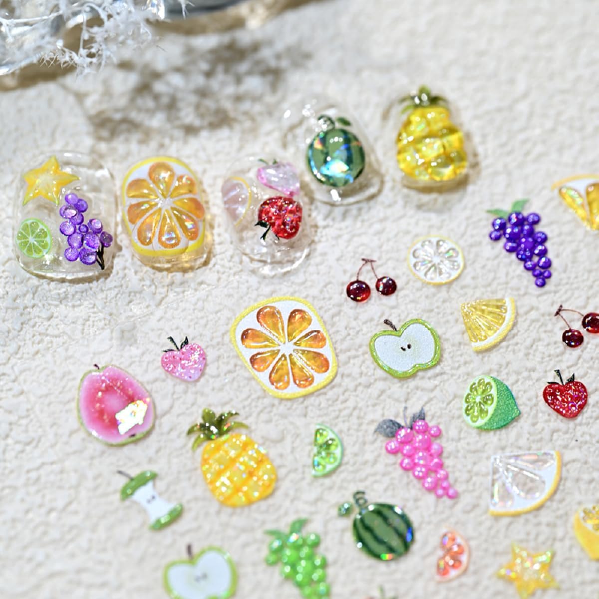 Summer Fruit Nail Stickers for Nail Art Iridescent Shimmer Nail Decals,Lemon Strawberry Grape Watermelon Stickers for Nails Designs 3D Self Adhesive Nail Supplies & Decorations for Women Girls 1 Sheet