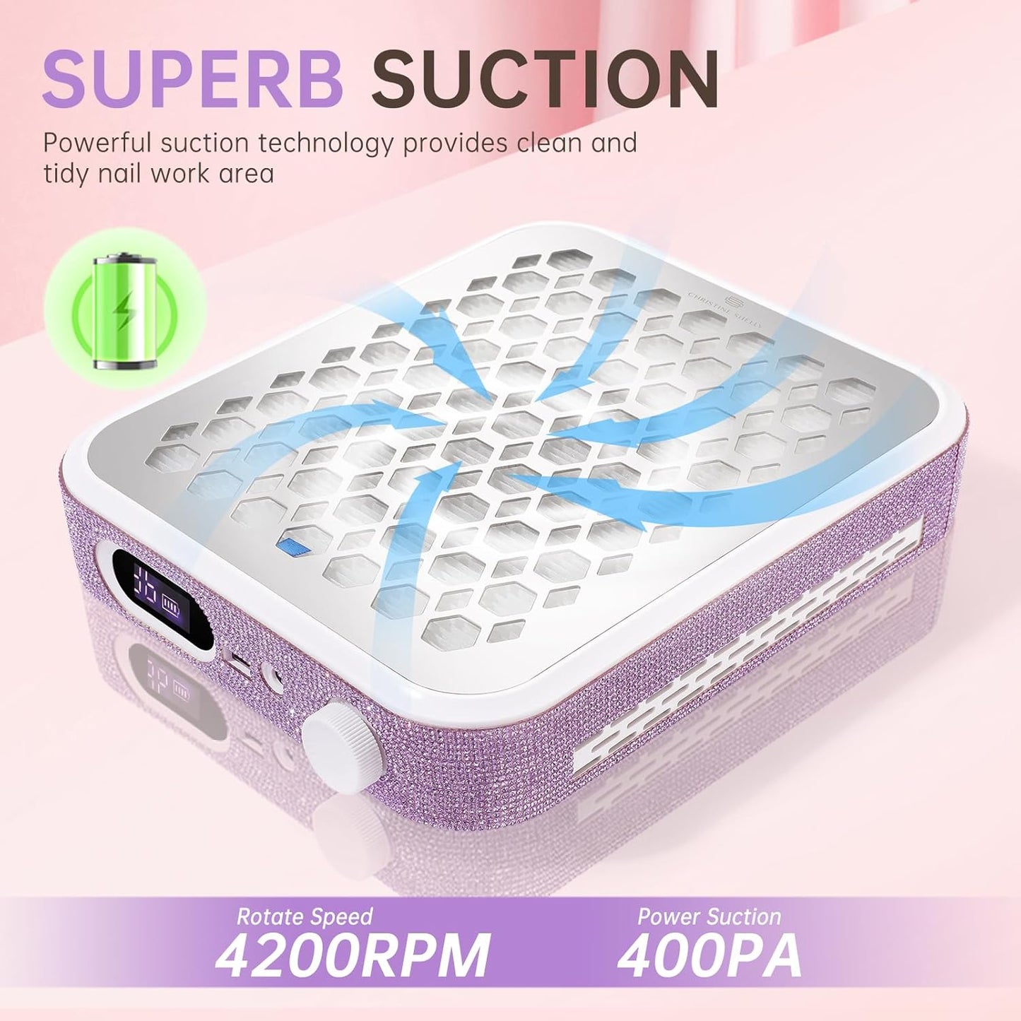 Nail Dust Collector, Rechargeable Dust Collector Nail Tech, Powerful Vacuum Fan Vent Dust Collector Extractor Dust Suction Machine for Acrylic Nails Polishing, Nail Salon&Home,Purple