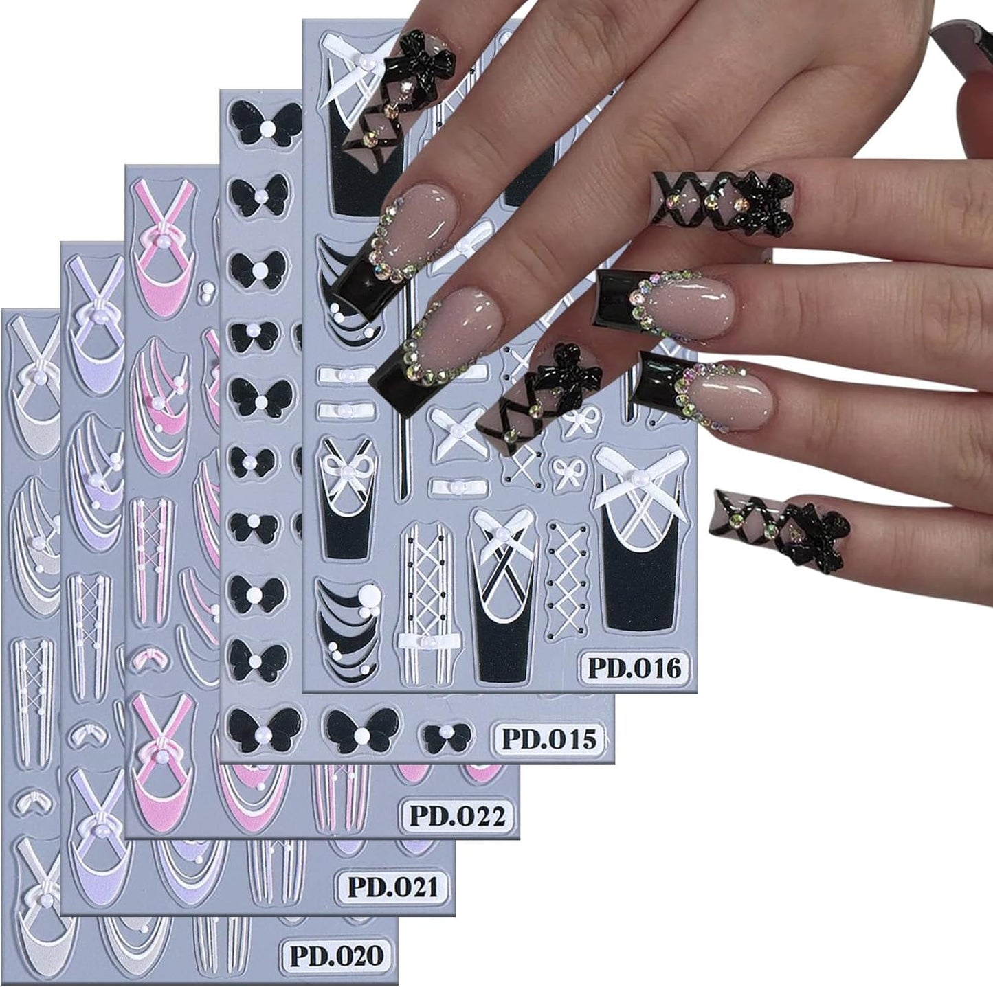 5 Sheets Ballet Bow Nail Art Stickers 5D Relief Self -Adhesive Pearl Bow Nail Decals Holographic Lace Bows Love Heart Nail Stickers French Nail Decoration for Women Manicure Supplies