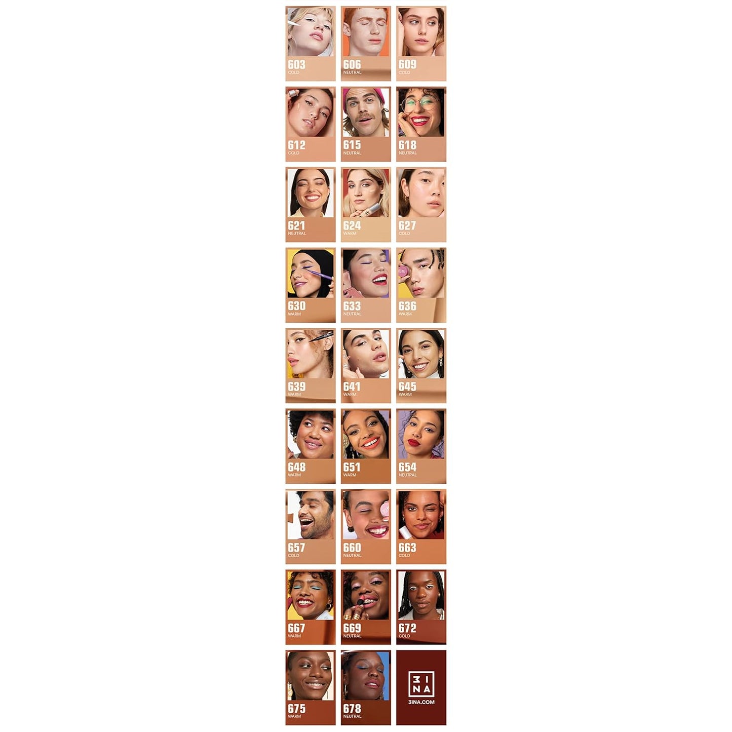 3INA The 24H Foundation 672-24H Long-Wearing Formula - Medium To High Buildable Coverage - Smooth Matte Finish - Expanded Shade Selection - Waterproof, Cruelty Free, Vegan Makeup - 1.01 Oz