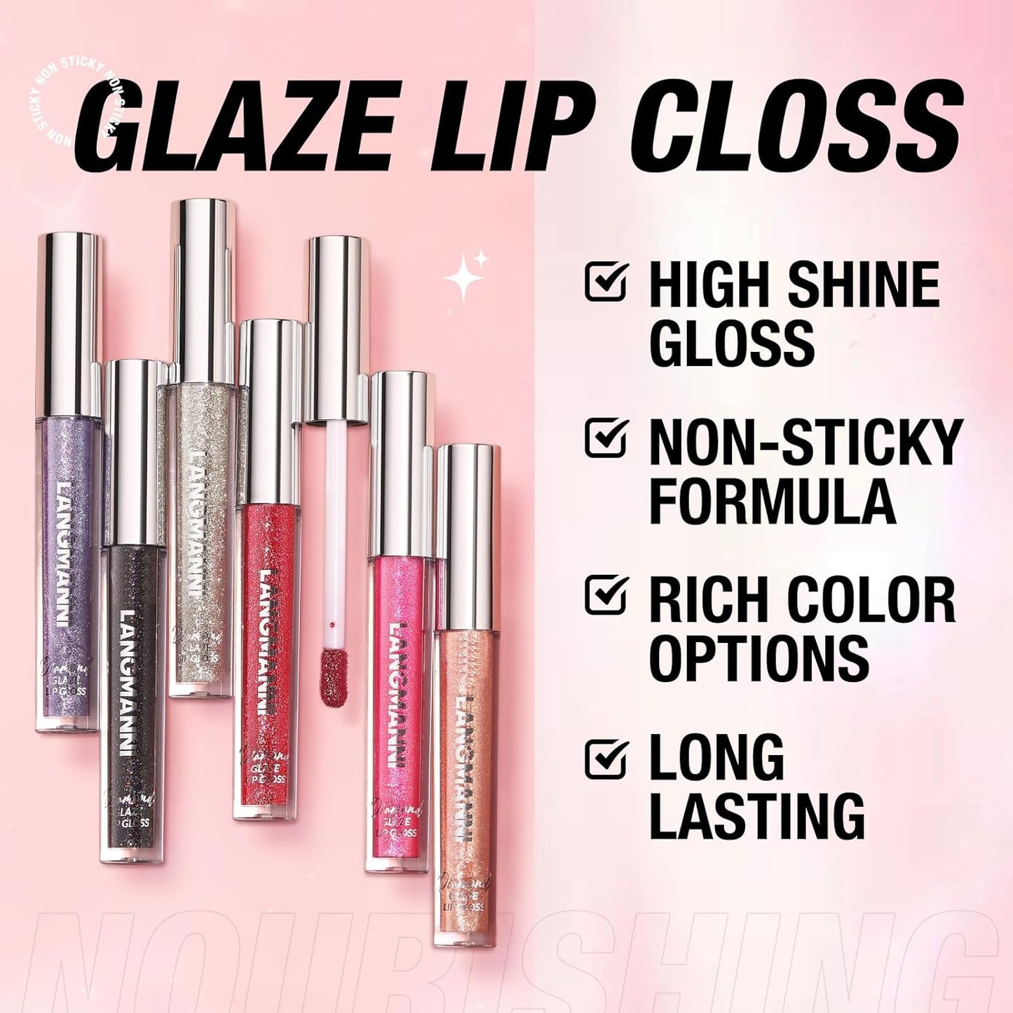 LANGMANNI 4 Colors Diamond Glitter Lip Gloss Set,Long Lasting High Shine Shimmer Liquid Lipstick Set,Hydrating,Moisturizing Lip Gloss Kit Gift Makeup For Girls(#04+06+09+10)
