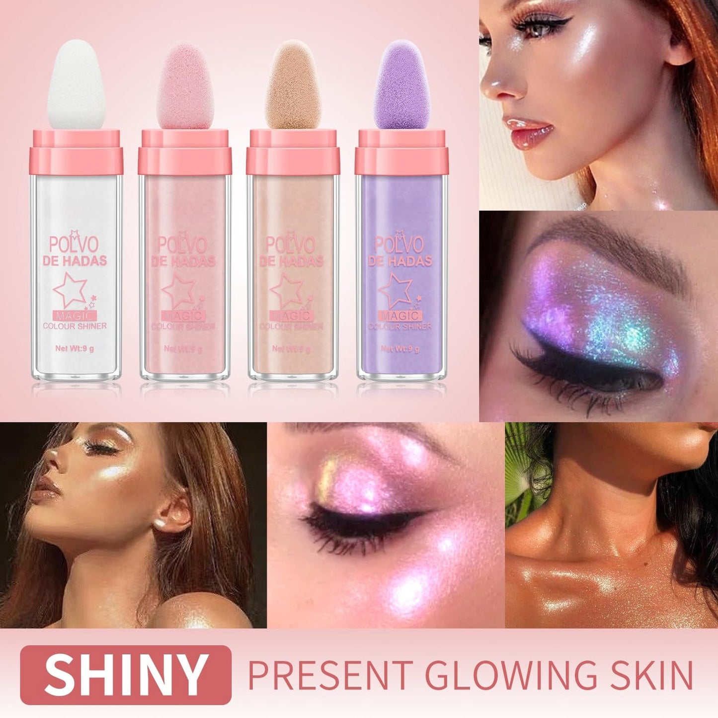 2PCS Polvo De Hadas Fairy Highlight Patting Powder Highlighter Body Brightens the Natural Three-dimensional Face Powder Blusher (#01 White & #02 Pink)