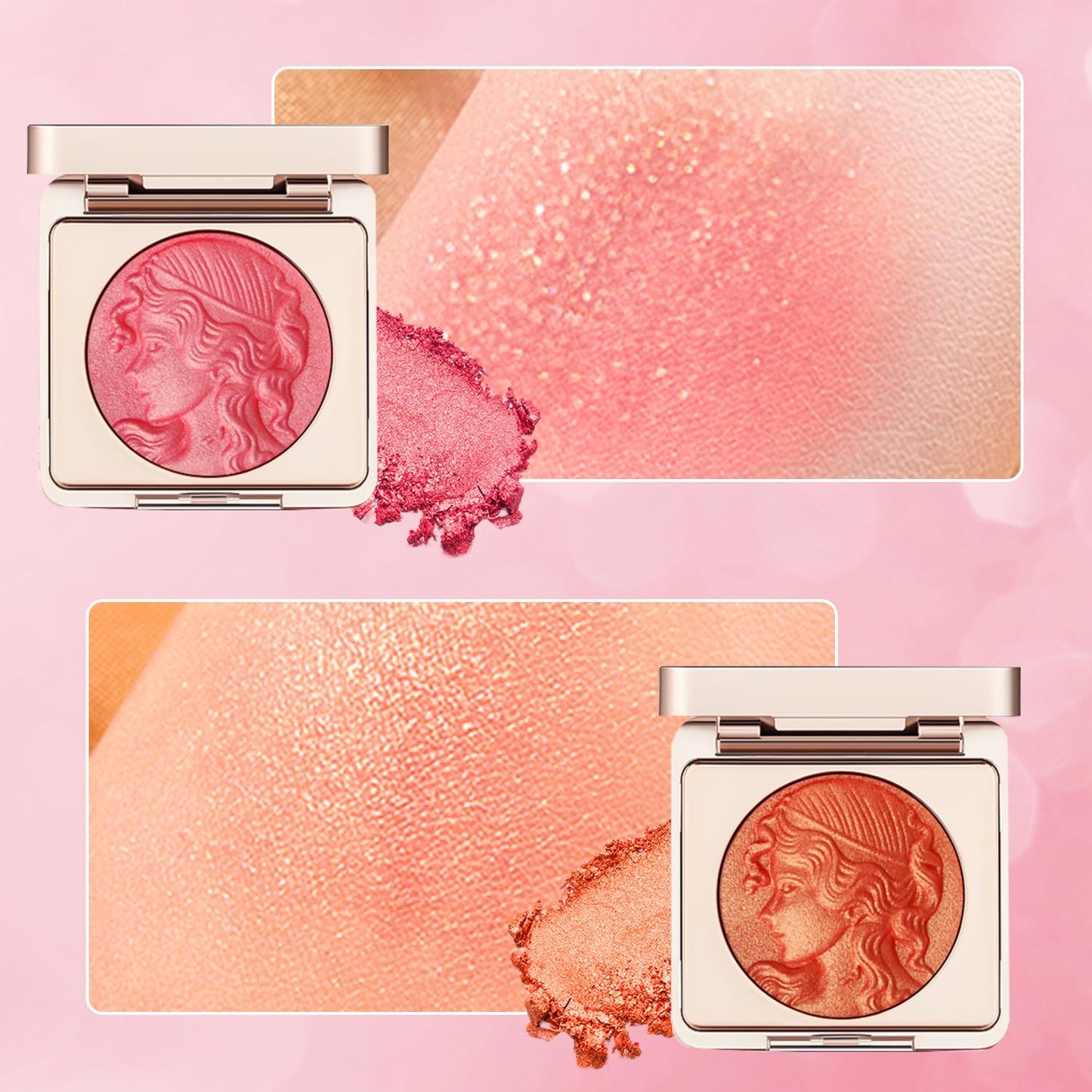 Embossed Smooth Powder Blush Palette for Cheeks,Matte Face Powder Blush Palette,Embossed Girl Blush for Cheeks,Natural Nude Long Lasting Powder Blush Palette for All Skins(Pink+Orange)
